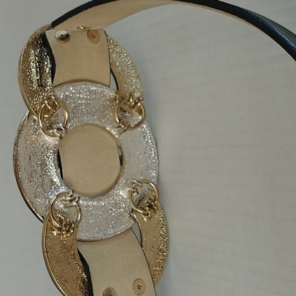 Chico's Distressed Bronze Silver tone Disc Belt Black Leather Adjustable - Picture 6 of 10